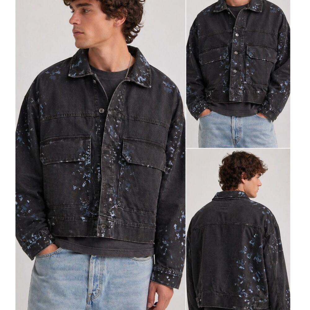 Hudson White Blue‎ Paint Splatter Crop Denim Trucker Jacket Large
